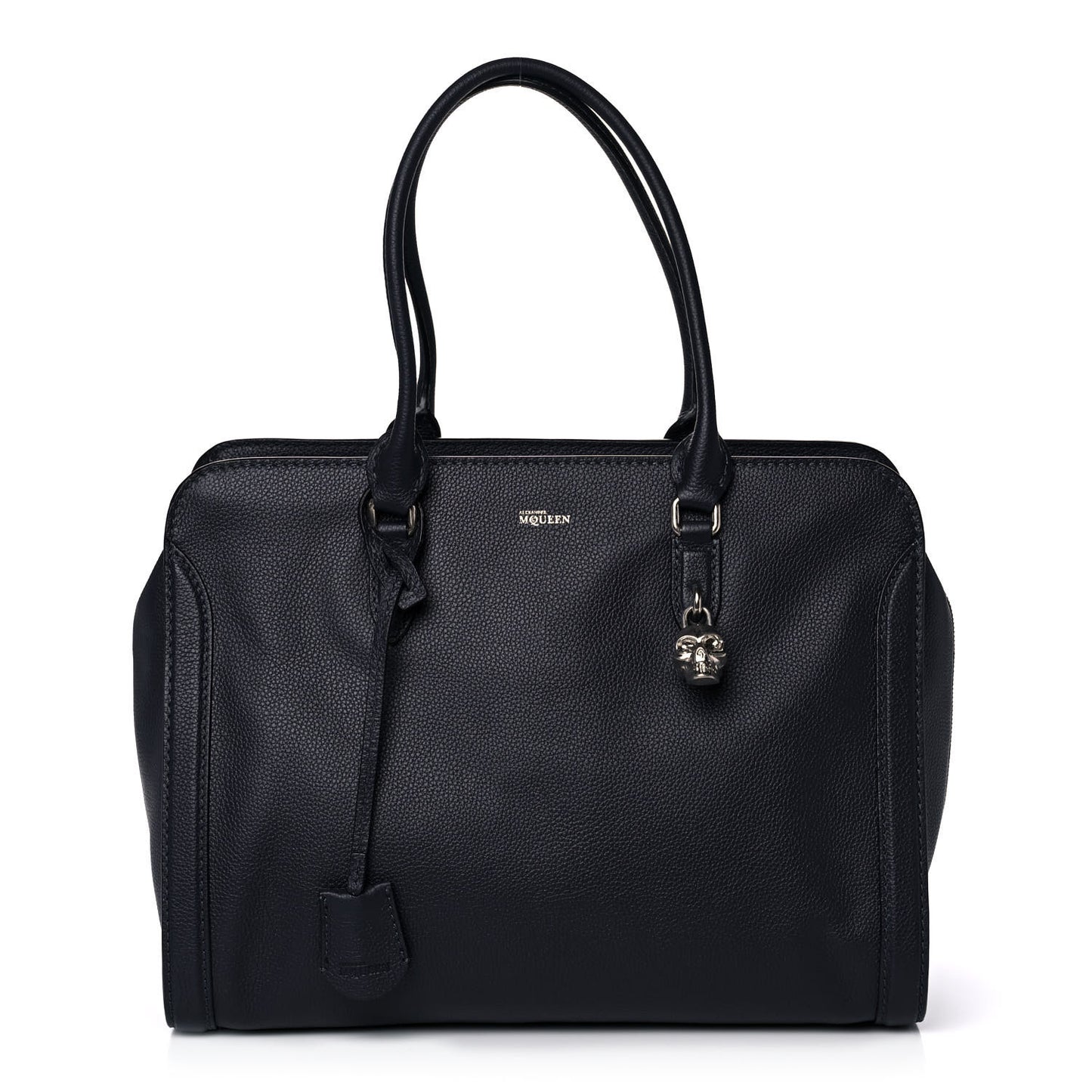 Pebbled Calfskin Large Skull Padlock Zip Around Tote Navy