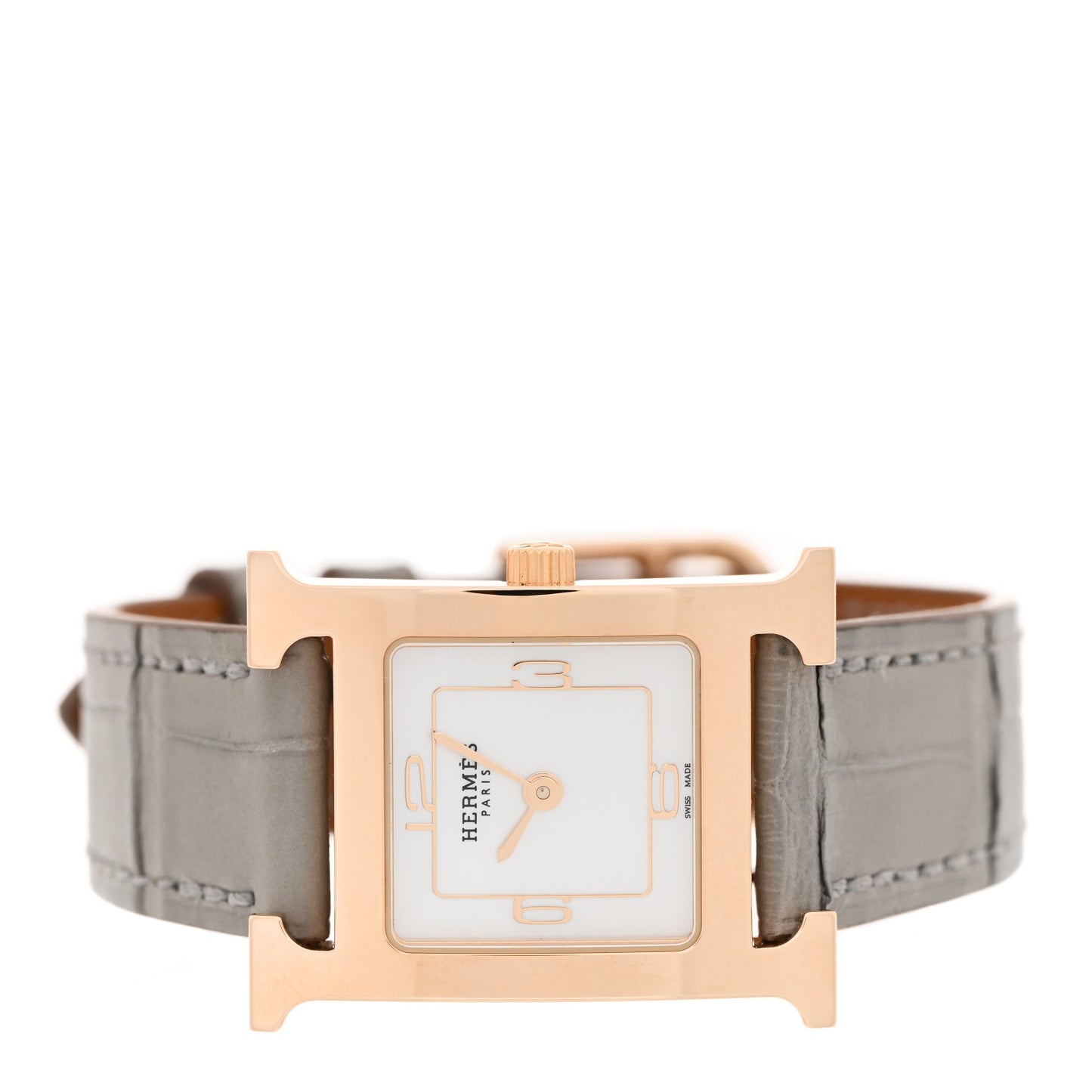 Stainless Steel Alligator Mother of Pearl 21mm Heure H Hour Quartz Watch Gris Perle