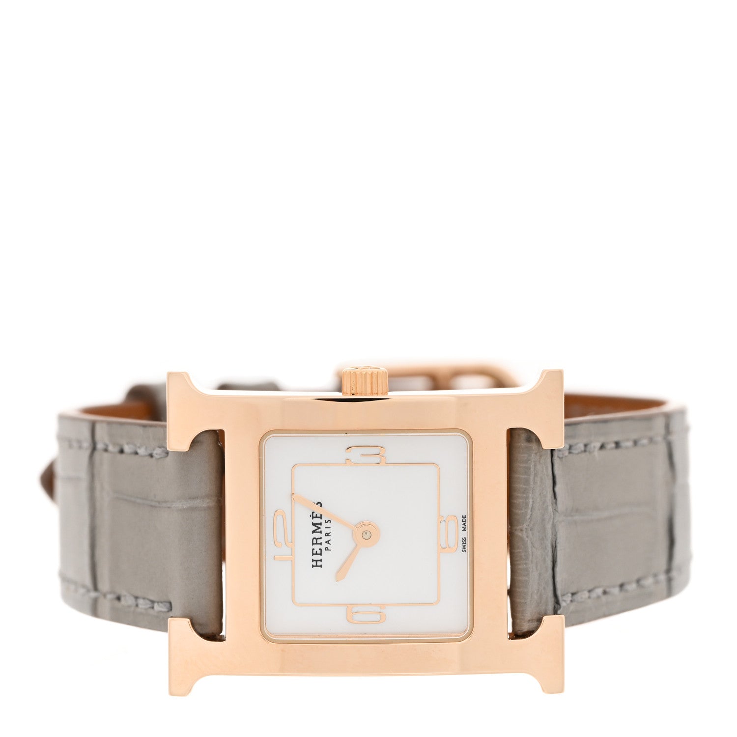 Hermes Stainless Steel Alligator Mother of Pearl 21mm Heure H Hour Quartz Watch Gris Perle 2 of 5