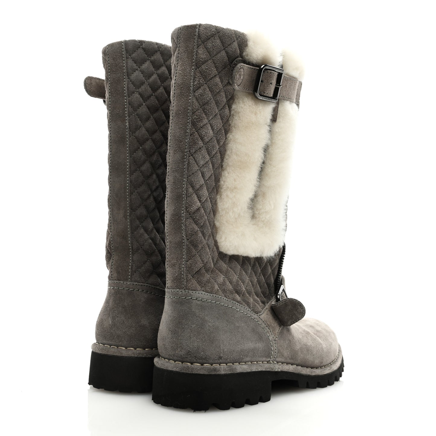 Shearling Suede Calfskin Quilted High Biker Boots 40 Grey