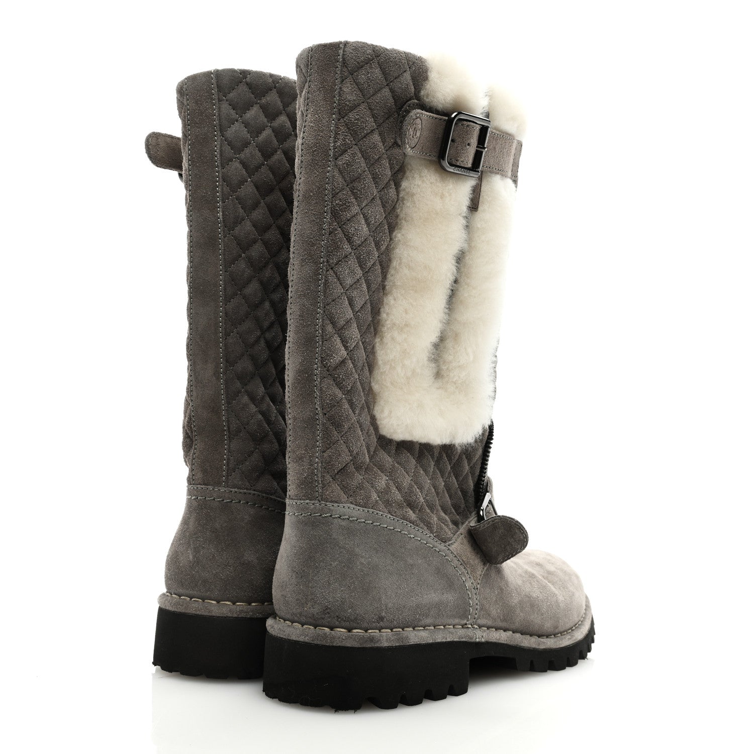 Chanel Shearling Suede Calfskin Quilted High Biker Boots 40 Grey 4 of 8