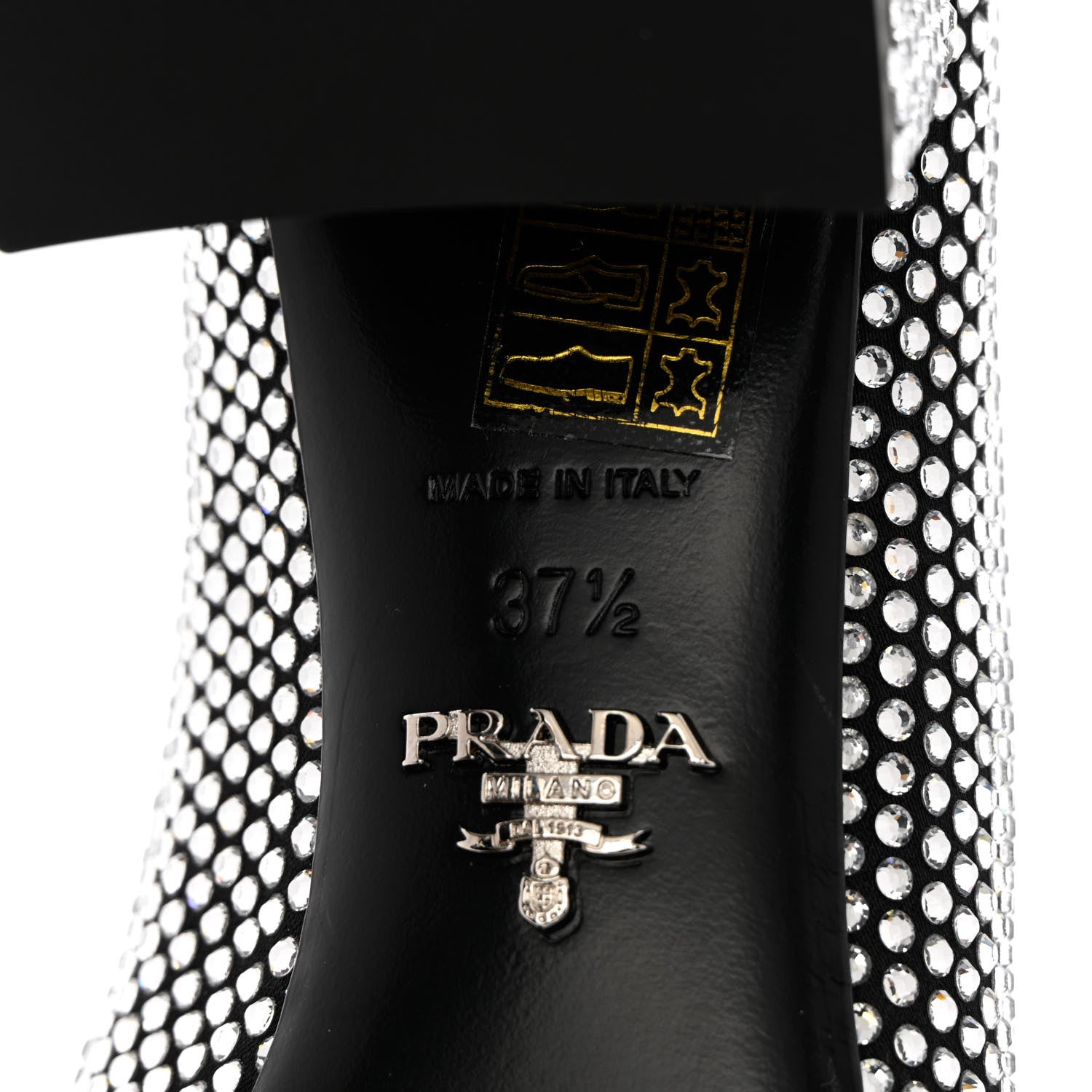 Prada Satin Crystal Metal Triangle Logo 45mm Block Heel Loafers 37.5 Cristal 7 of 10