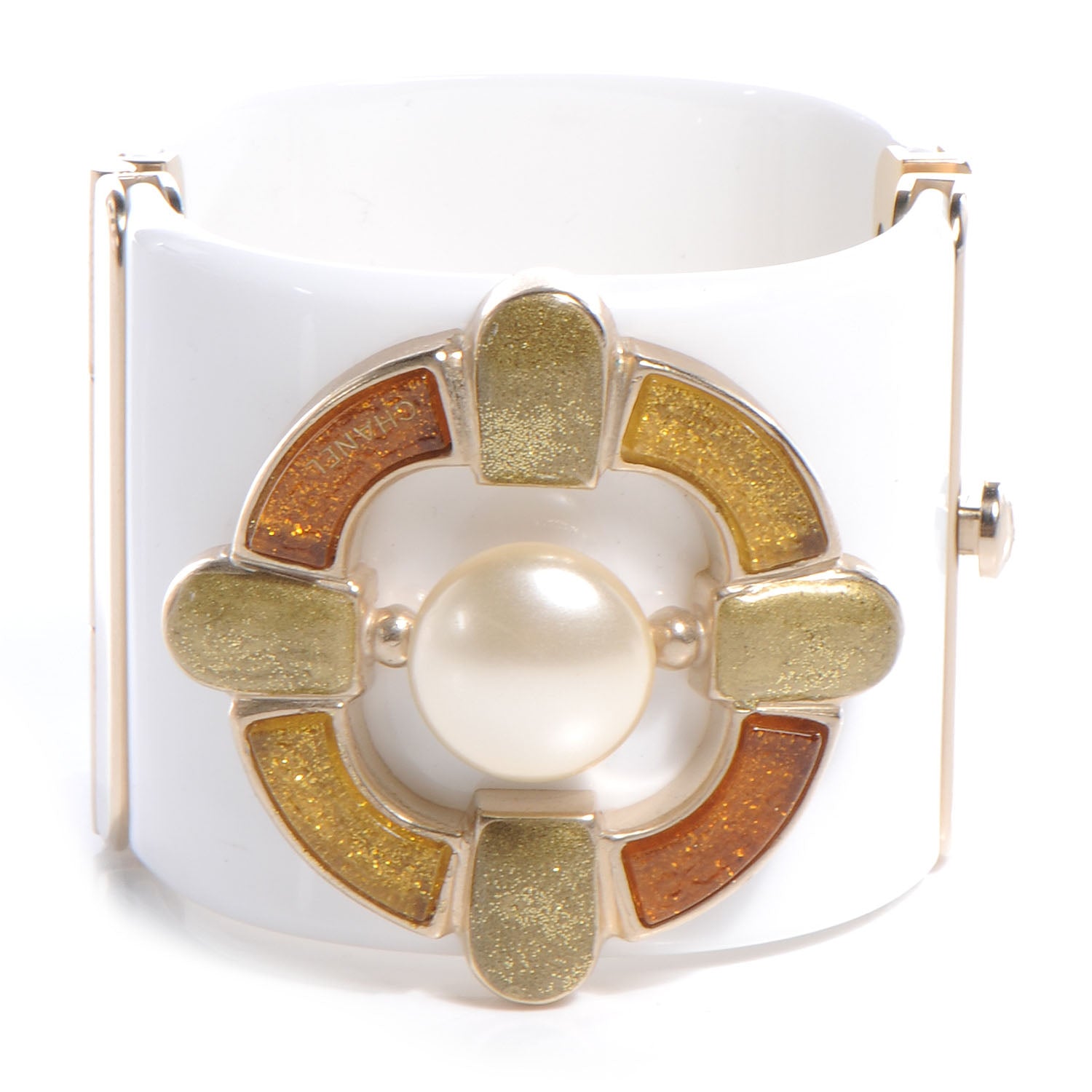 Chanel Resin Gripoix Pearl Wide Cuff White Gold 1 of 5