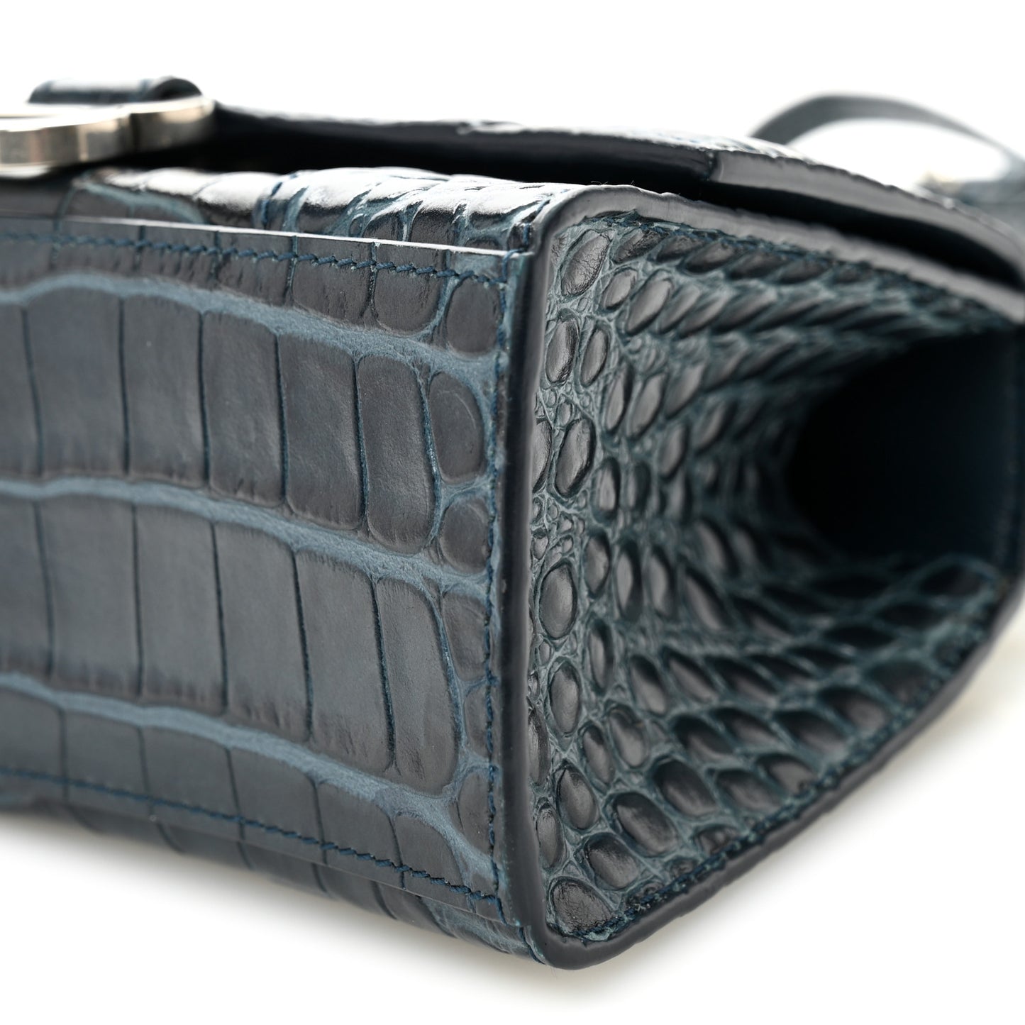 Shiny Calfskin Crocodile Embossed Hourglass Top Handle Bag XS Denim Blue