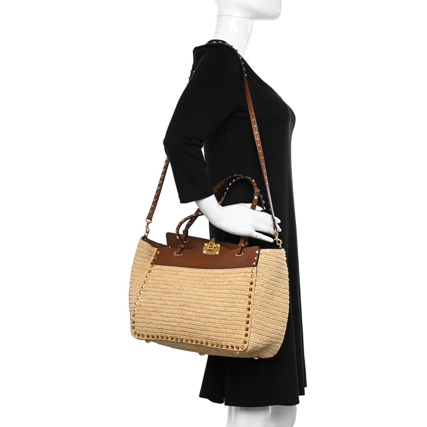 Valentino Garavani Raffia Calfskin Rockstud Tote Naturale Saddle Brown 4 of 12