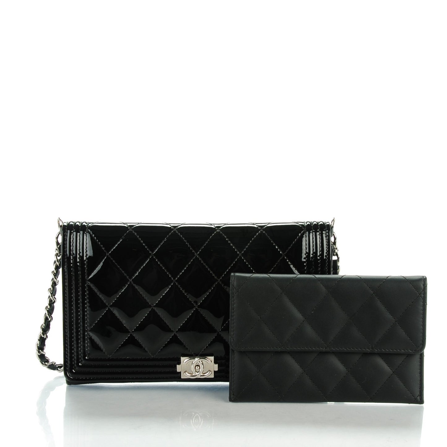 Patent Calfskin Quilted Boy Wallet on Removable Chain Black