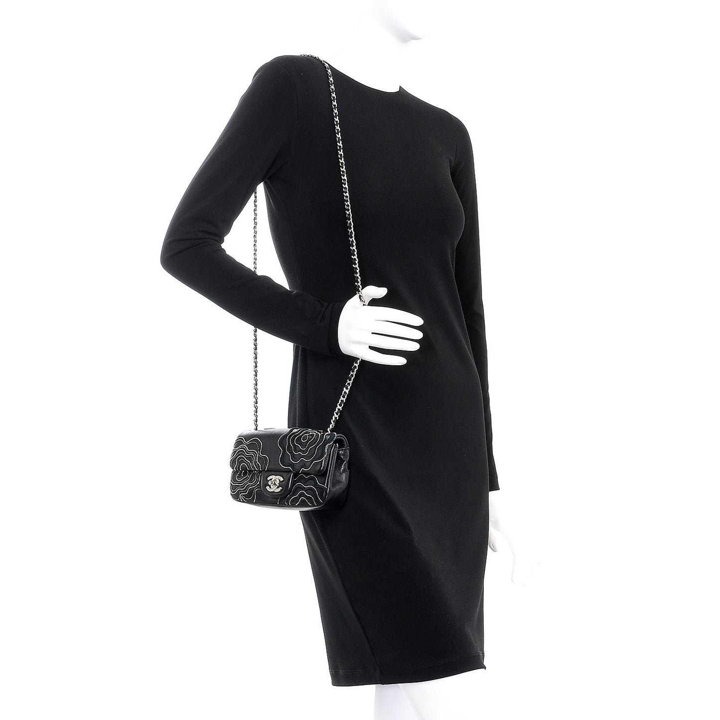 Lambskin Studded Camellia Embroidered Mini Rectangular Flap Black