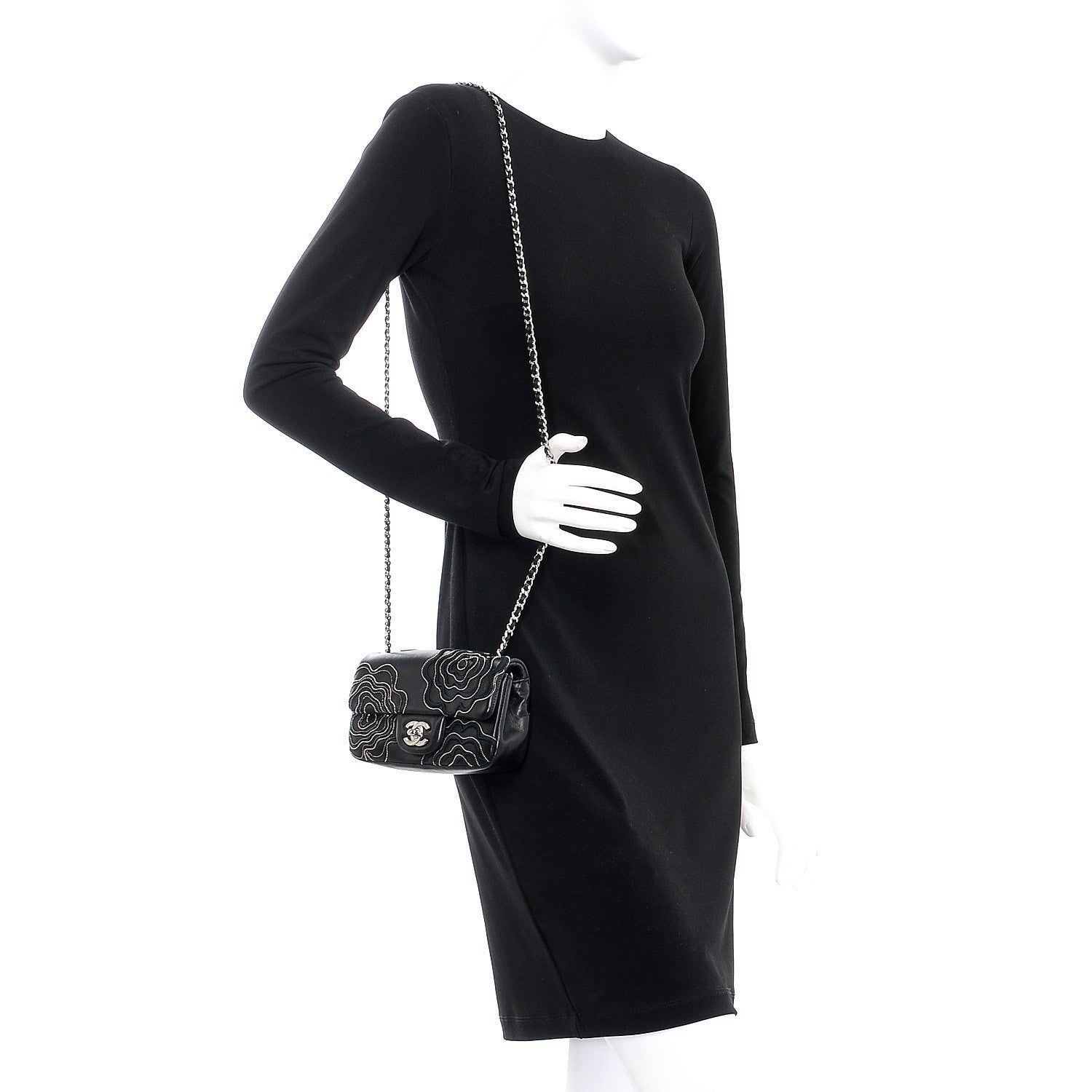 Chanel Lambskin Studded Camellia Embroidered Mini Rectangular Flap Black 2 of 13
