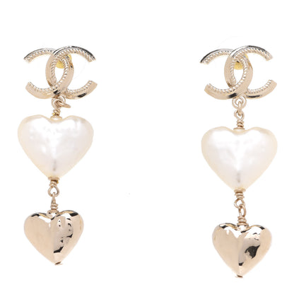 Chanel Pearl CC Double Heart Drop Earrings Gold 1 of 5