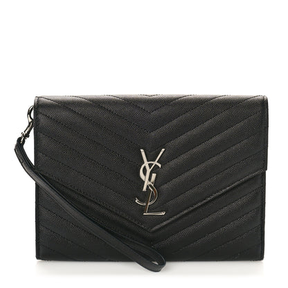 Saint Laurent Grain De Poudre Matelasse Chevron Monogram Envelope Clutch Black 1 of 9