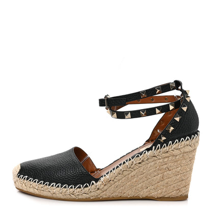 Valentino Garavani Grained Calfskin Rockstud Ankle Wrap Espadrille 15/85mm Wedges 38 Black Light Cuir 1 of 7