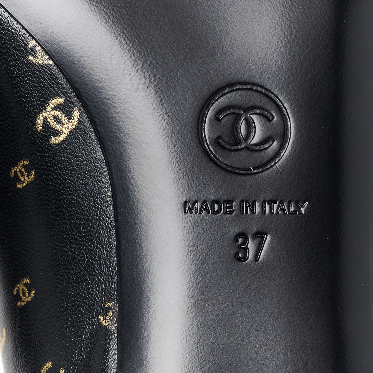 Chanel Lambskin Patent Calfskin Printed CC Cap Toe Ballerina Flats 37 Black Gold 6 of 9
