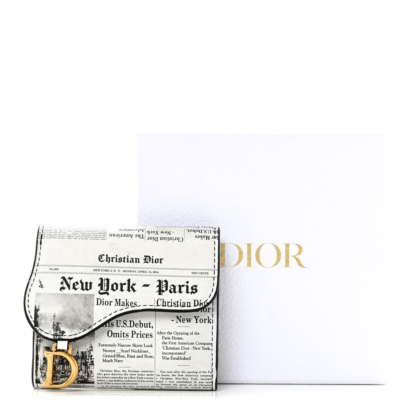 Calfskin Newspaper Print Saddle Lotus Wallet White Black