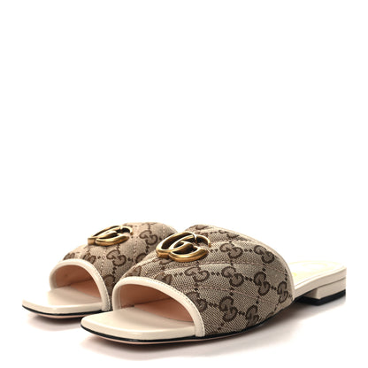 Gucci Monogram Matelasse Diagonal GG Marmont Flat Slide Sandals 36 Beige Ebony Mystic White 3 of 9