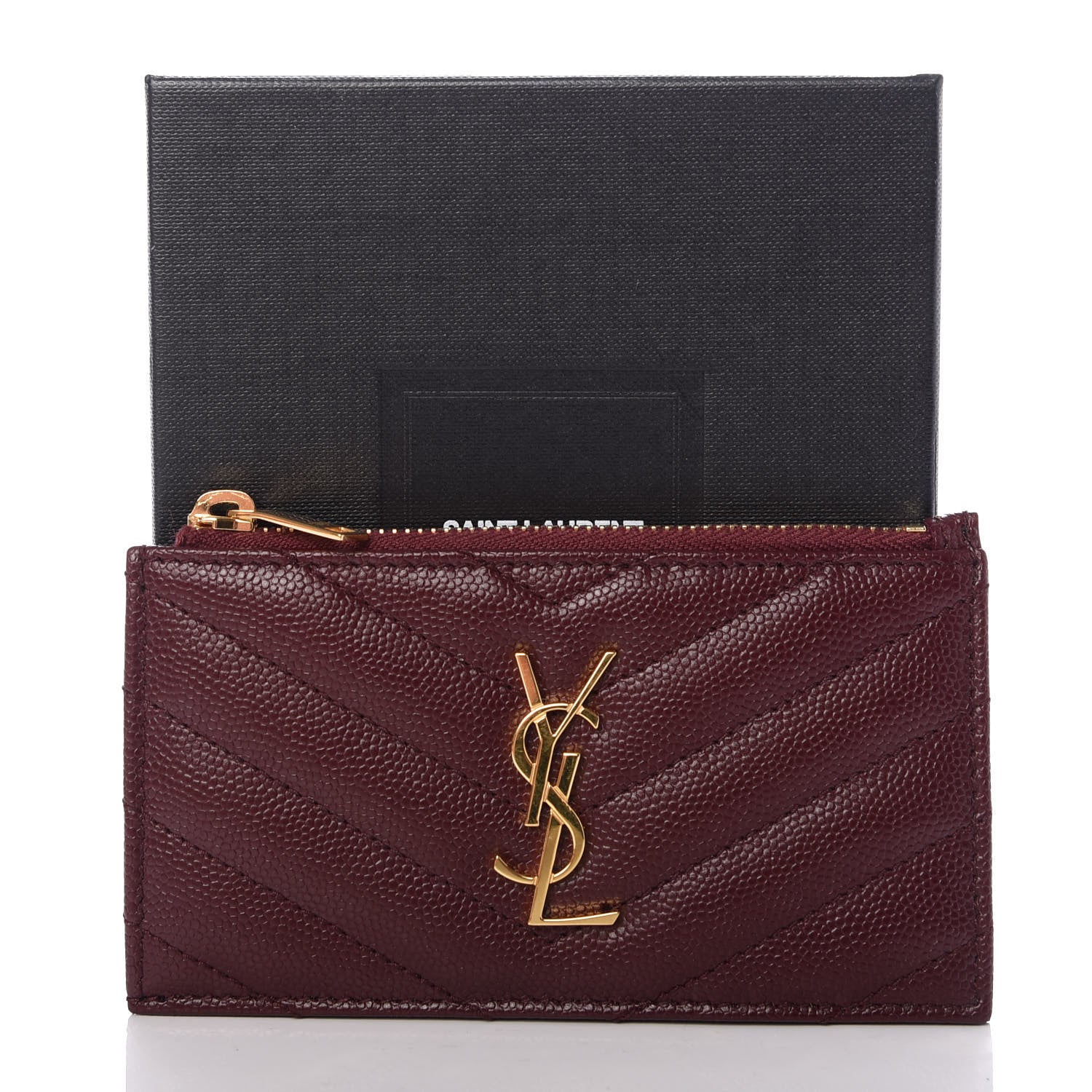 Saint Laurent Grain De Poudre Matelasse Chevron Monogram Fragments Zippered Card Case Rouge Legion 7 of 7