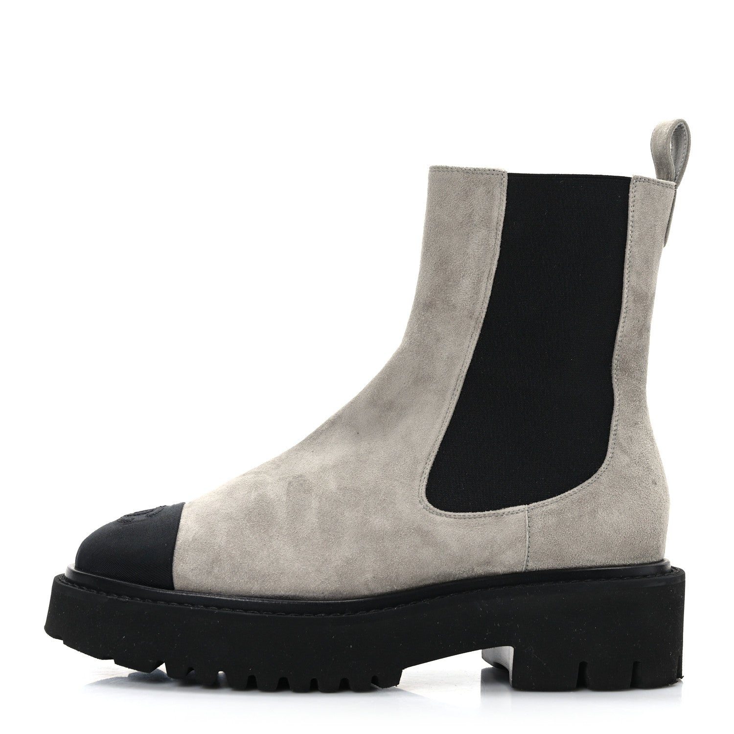 Chanel Suede Calfskin Grossgrain Cap Toe CC Ankle Boots 37.5 Light 37.5 Grey Black 1 of 9