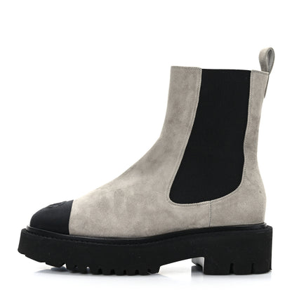 Chanel Suede Calfskin Grossgrain Cap Toe CC Ankle Boots 37.5 Light 37.5 Grey Black 1 of 9