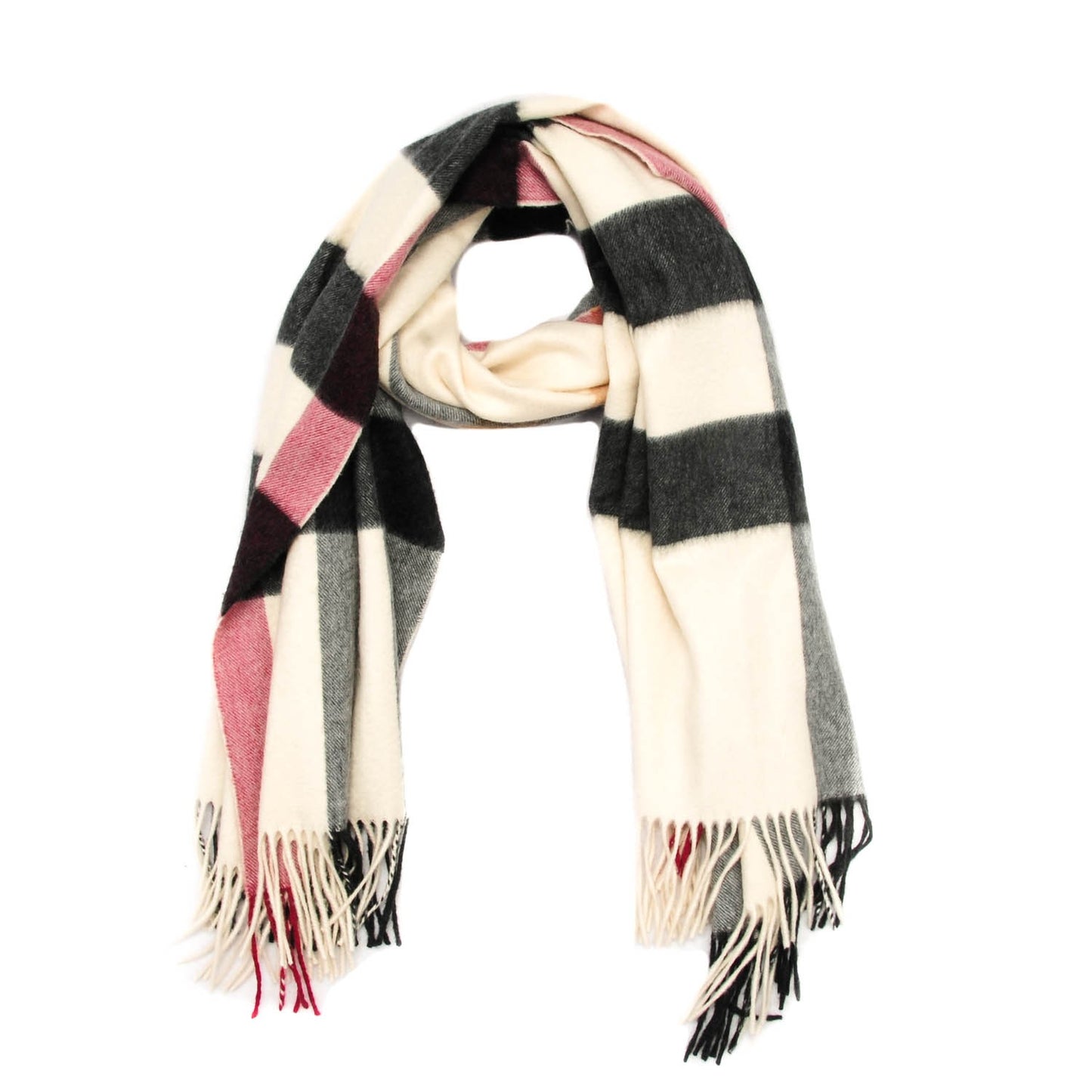 Cashmere Half Mega Check Fringe Scarf Ivory