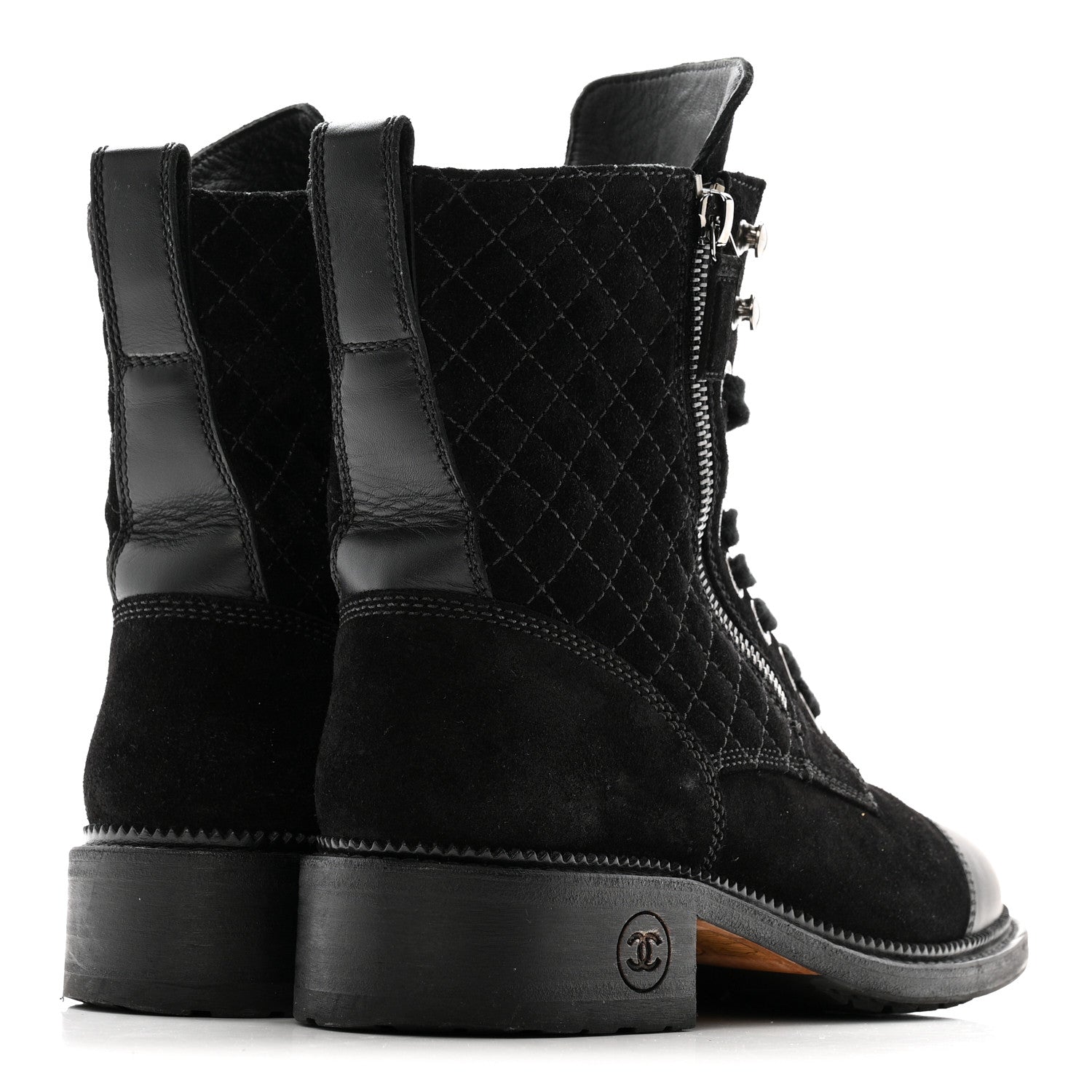 Chanel Suede Calfskin Quilted Lace Up Boots 38 Black 9 of 22