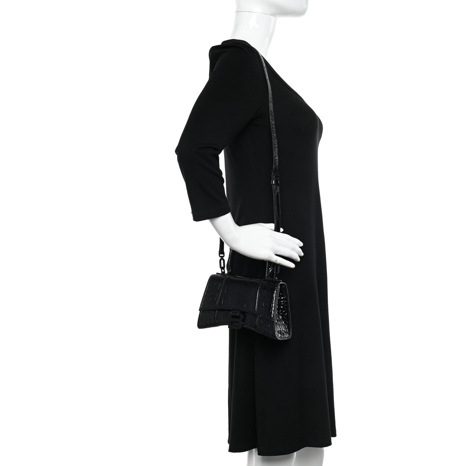 Balenciaga Shiny Calfskin Monochrome Crocodile Embossed Hourglass Top Handle Bag XS Black 2 of 9
