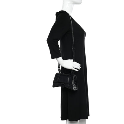 Balenciaga Shiny Calfskin Monochrome Crocodile Embossed Hourglass Top Handle Bag XS Black 2 of 13