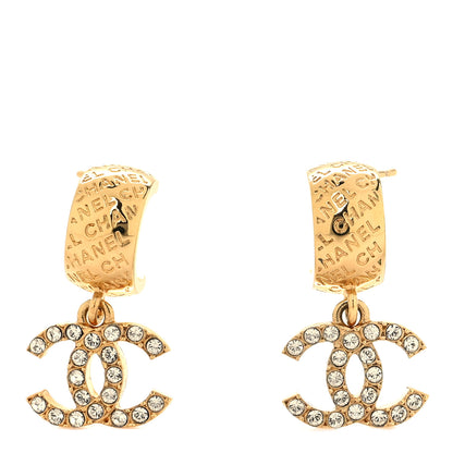Chanel Metal Crystal CC Logo Hoop Drop Earrings Gold 1 of 5