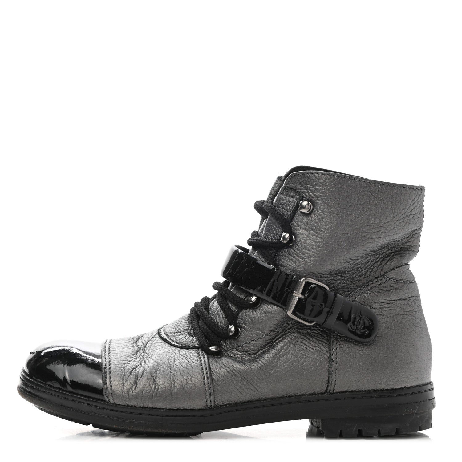 Chanel Metallic Grained Calfskin Patent Cap Toe Combat Short Boots 37.5 Dark Silver 1 of 15
