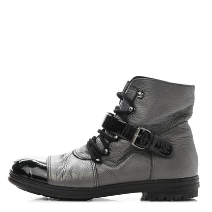 Chanel Metallic Grained Calfskin Patent Cap Toe Combat Short Boots 37.5 Dark Silver 1 of 15