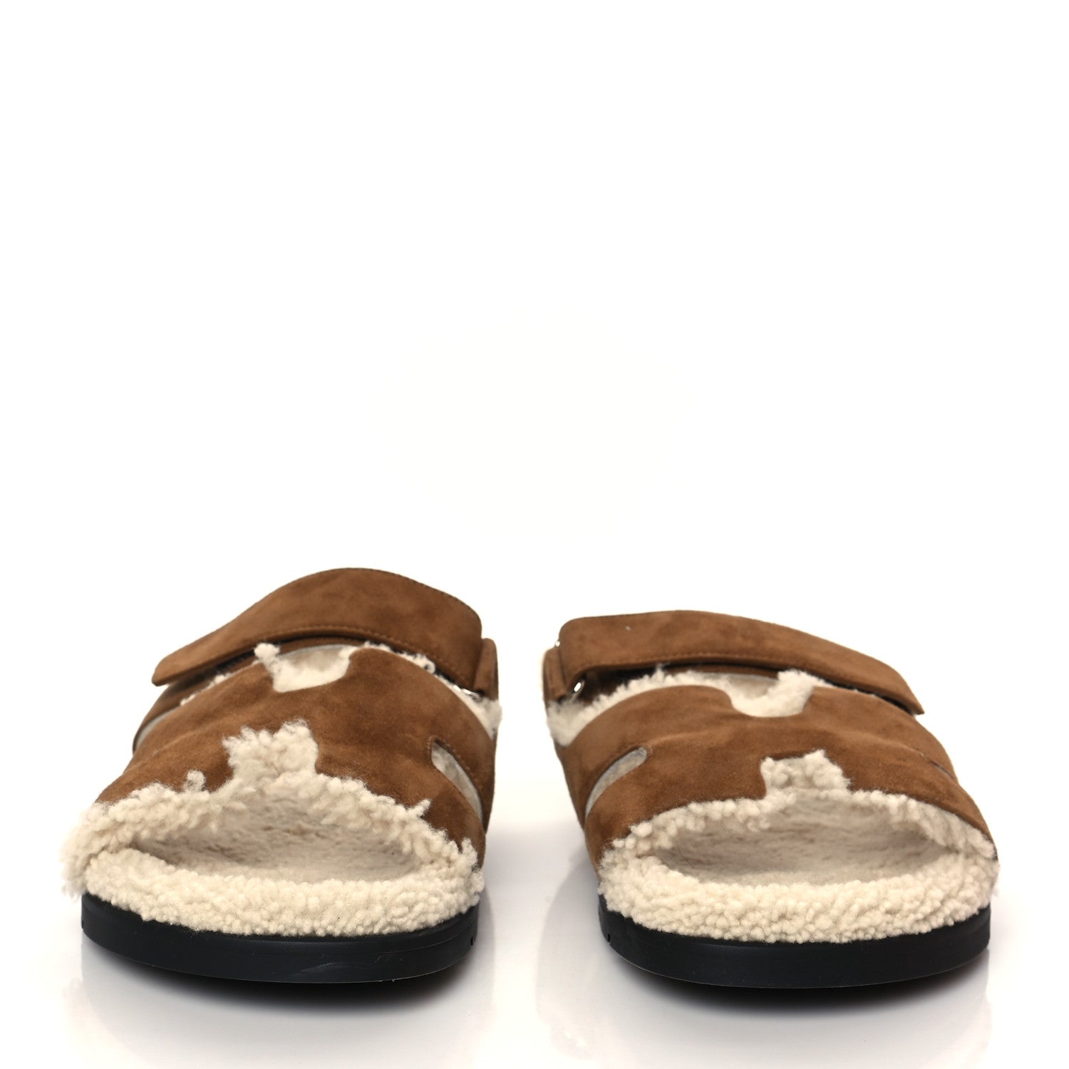 Hermes Suede Goatskin Woolskin Mens Chypre Sandals 44 Brun Fume Ecru 2 of 9