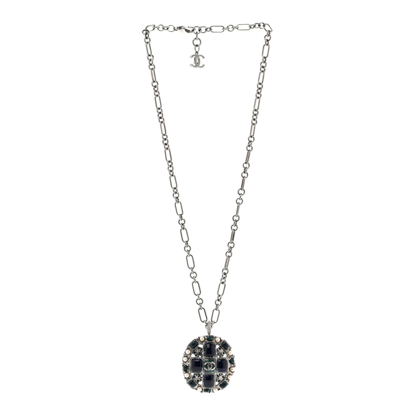 Gripoix Poured Glass Pearl CC Necklace Silver Blue Green White