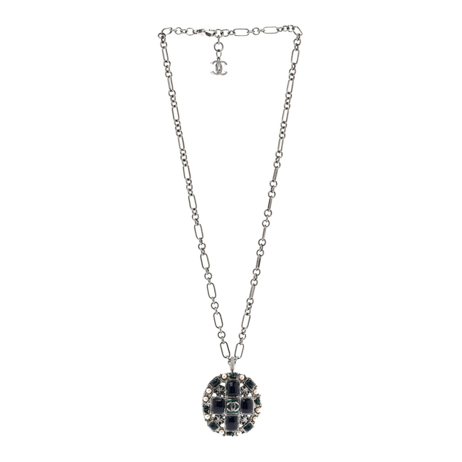 Chanel Gripoix Poured Glass Pearl CC Necklace Silver Blue Green White 3 of 5