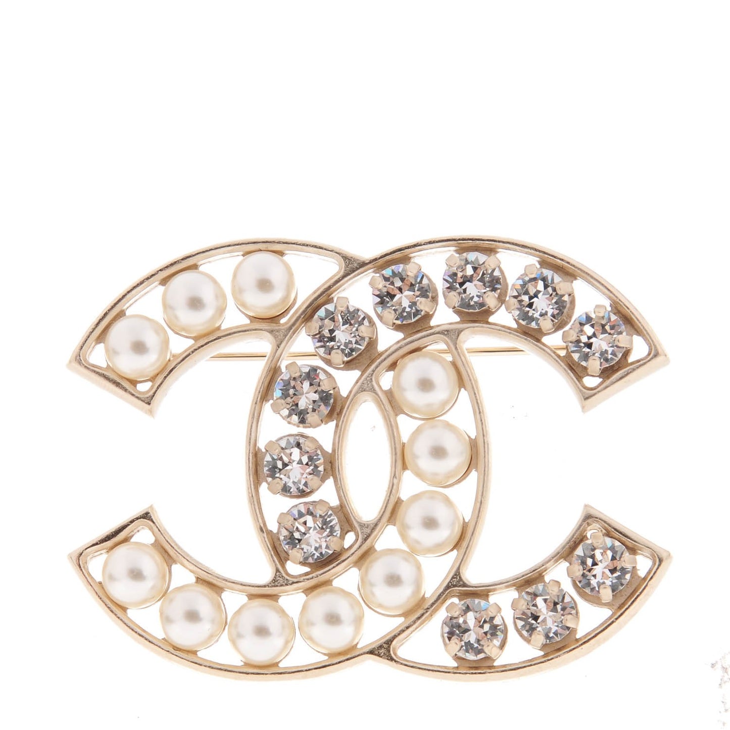 Pearl Crystal CC Brooch Gold