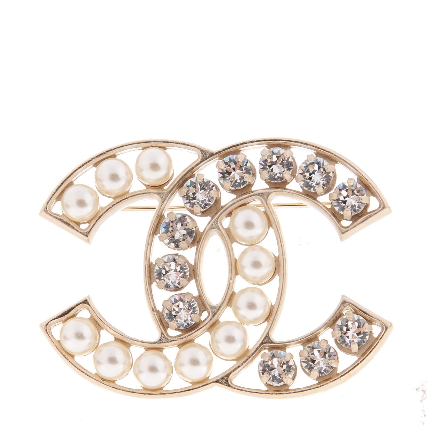 Chanel Pearl Crystal CC Brooch Gold 1 of 5
