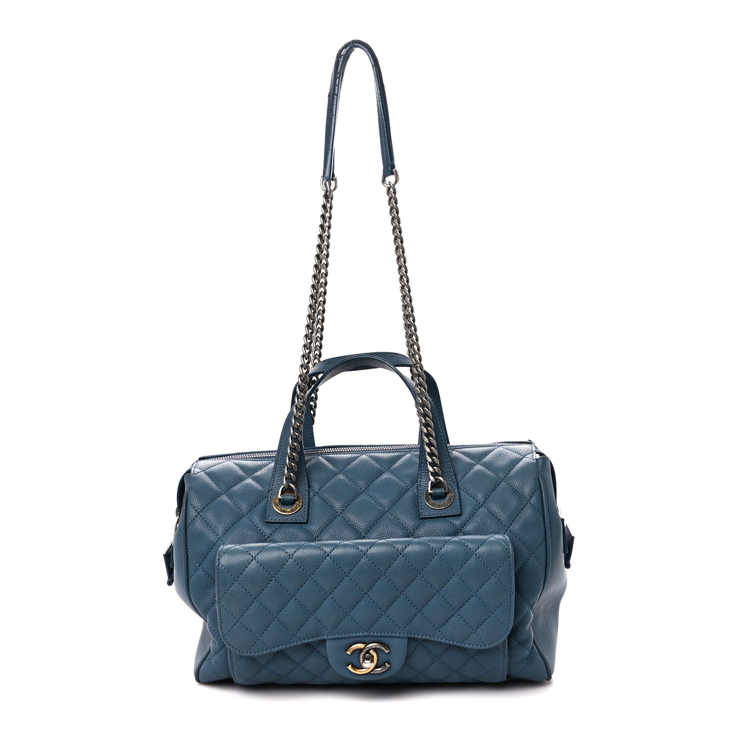 Grained Calfskin Quilted Large Casual Pocket Bowling Bag Blue