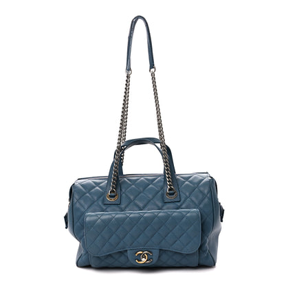 Chanel Grained Calfskin Quilted Large Casual Pocket Bowling Bag Blue 1 of 16