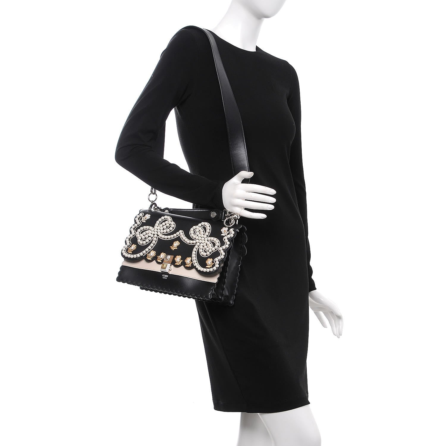 Fendi Vitello Liberty Pearl Bi-Color Flowers and Bows Scalloped Studded Kan I Shoulder Bag Black Camelia 2 of 11