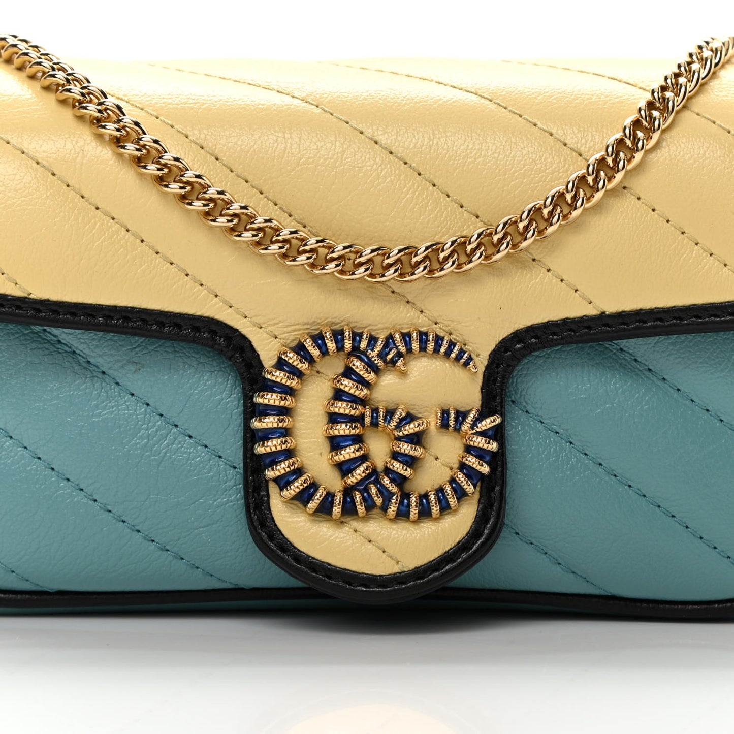 Azalea Calfskin Enamel Matelasse Diagonal Super Mini Torchon GG Marmont Shoulder Bag Butter Dusty Azure Black Electric Blue