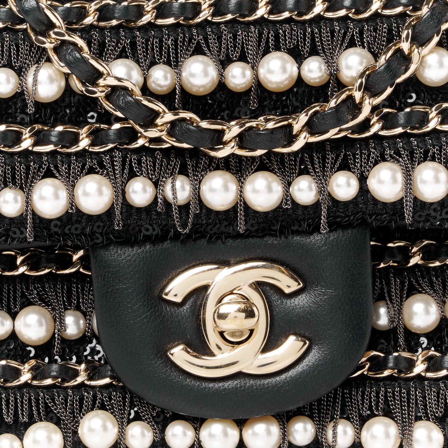 Chanel Lambskin Sequin Pearl Chain Fringe Mini Flap Black 9 of 12