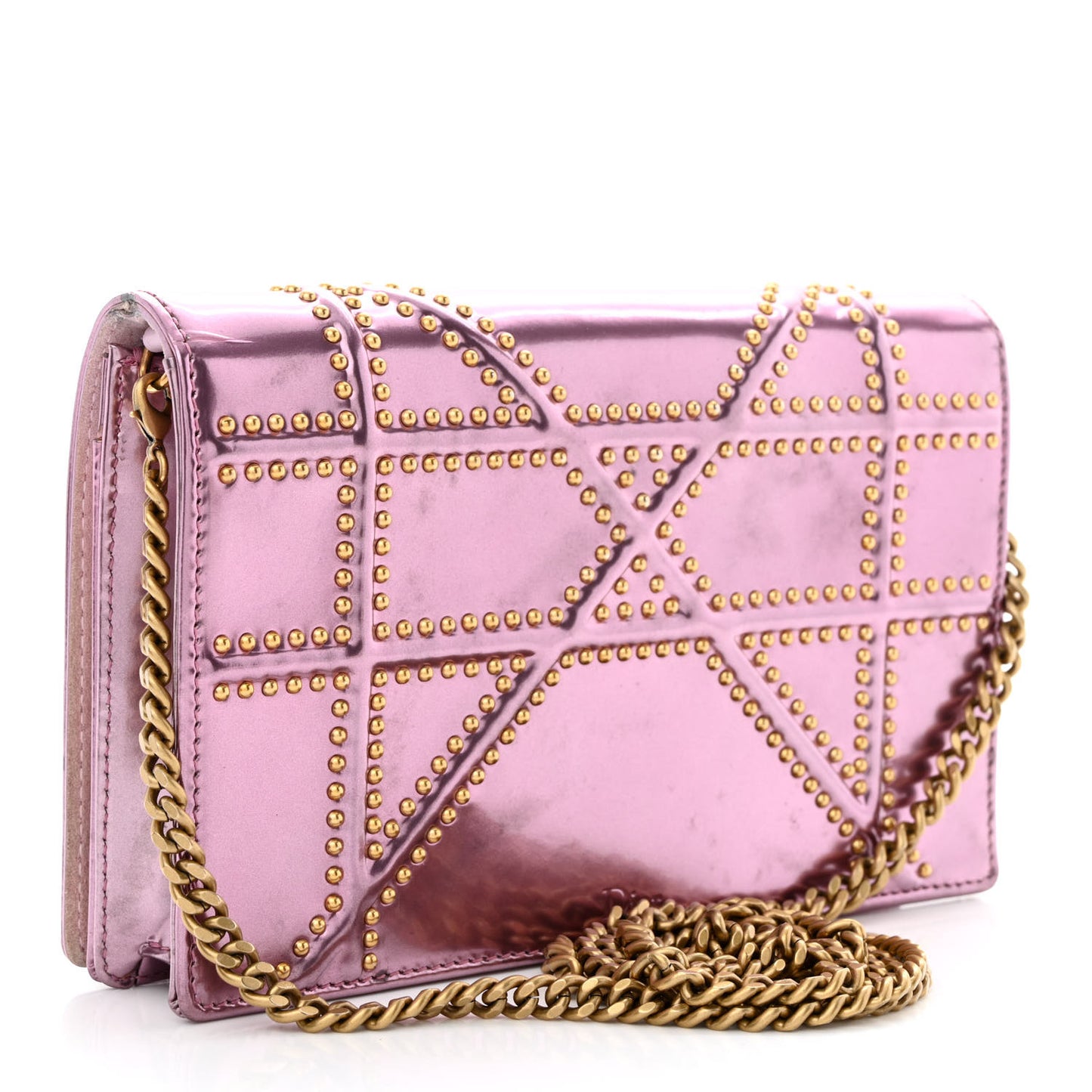 Metallic Patent Studded Diorama Wallet on Chain Pouch Pink