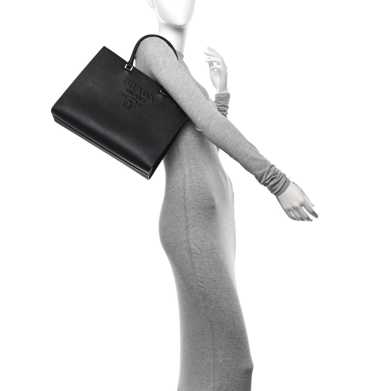 Prada Saffiano Lux Logo Embossed Large Shoulder Tote Handbag Black 2 of 15