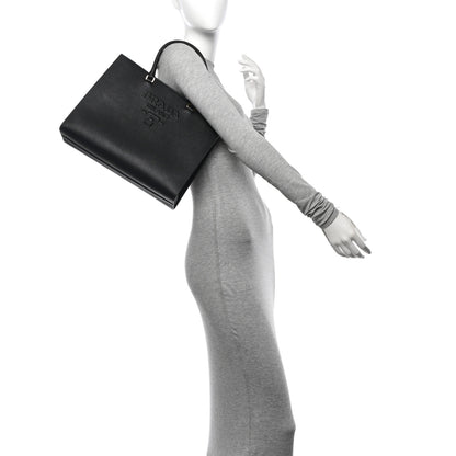Prada Saffiano Lux Logo Embossed Large Shoulder Tote Handbag Black 2 of 15