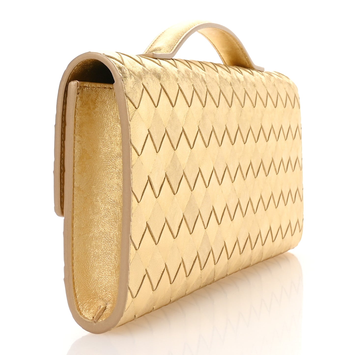 Metallic Satin Lambskin Intrecciato Long Andiamo Top Handle Clutch Gold