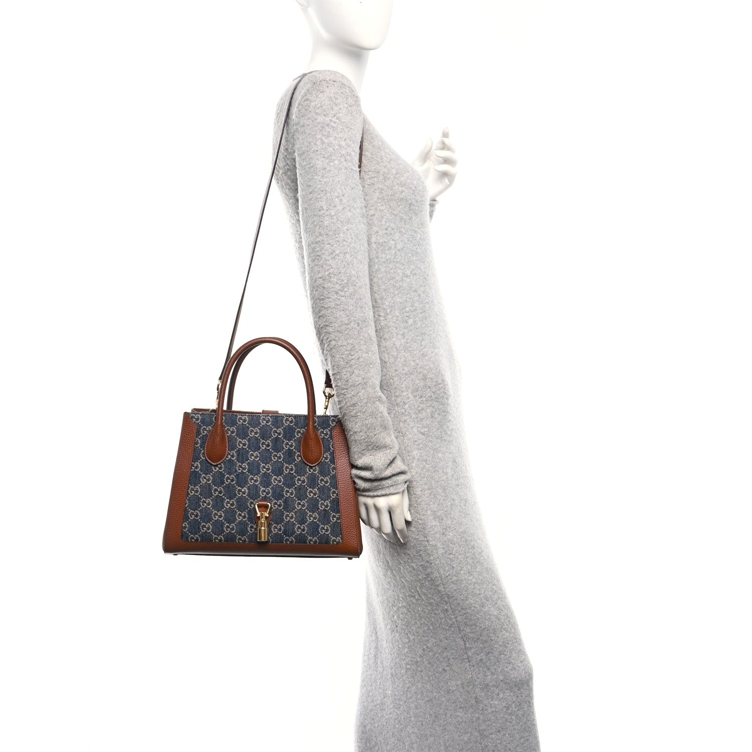 Gucci New Denim GG Monogram Dollar Calfskin Medium Jackie 1961 Tote Blue Tea Cuir Epilog 2 of 10