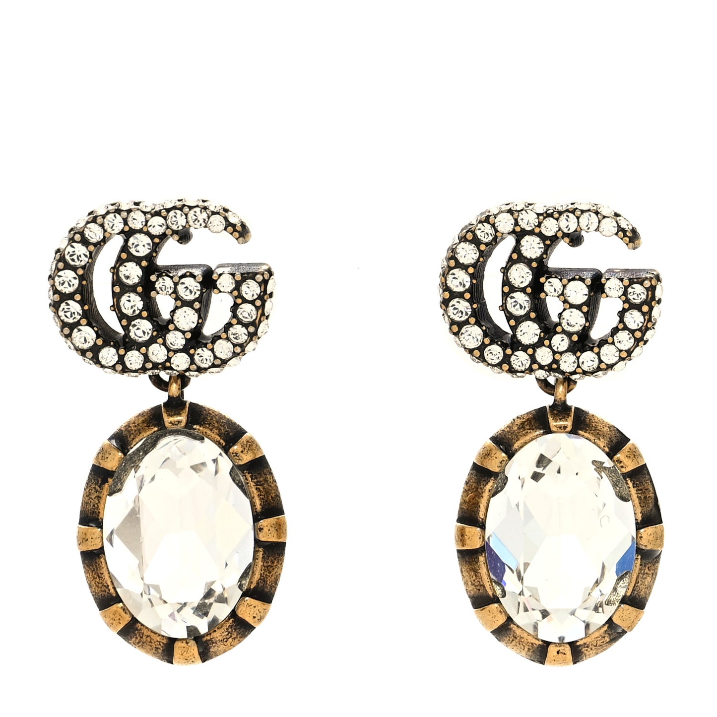 Metal Crystal Double G Drop Earrings Aged Gold