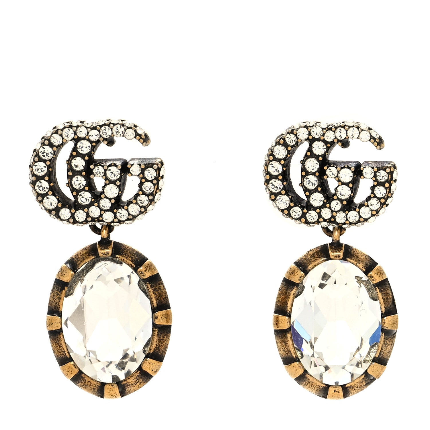 Gucci Metal Crystal Double G Drop Earrings Aged Gold 1 of 4