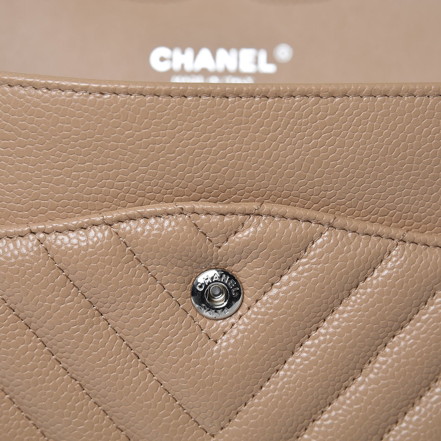 Caviar Chevron Quilted Jumbo Double Flap Beige