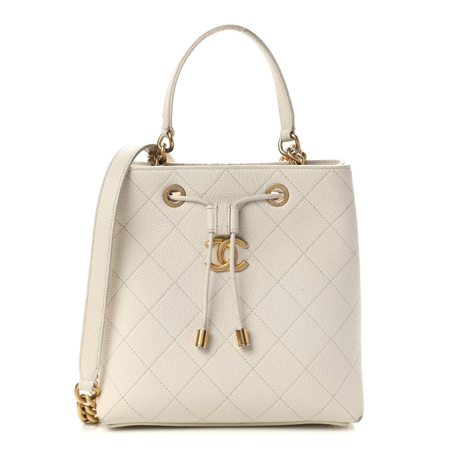 Grained Calfskin Stitched Small Drawstring Bag White