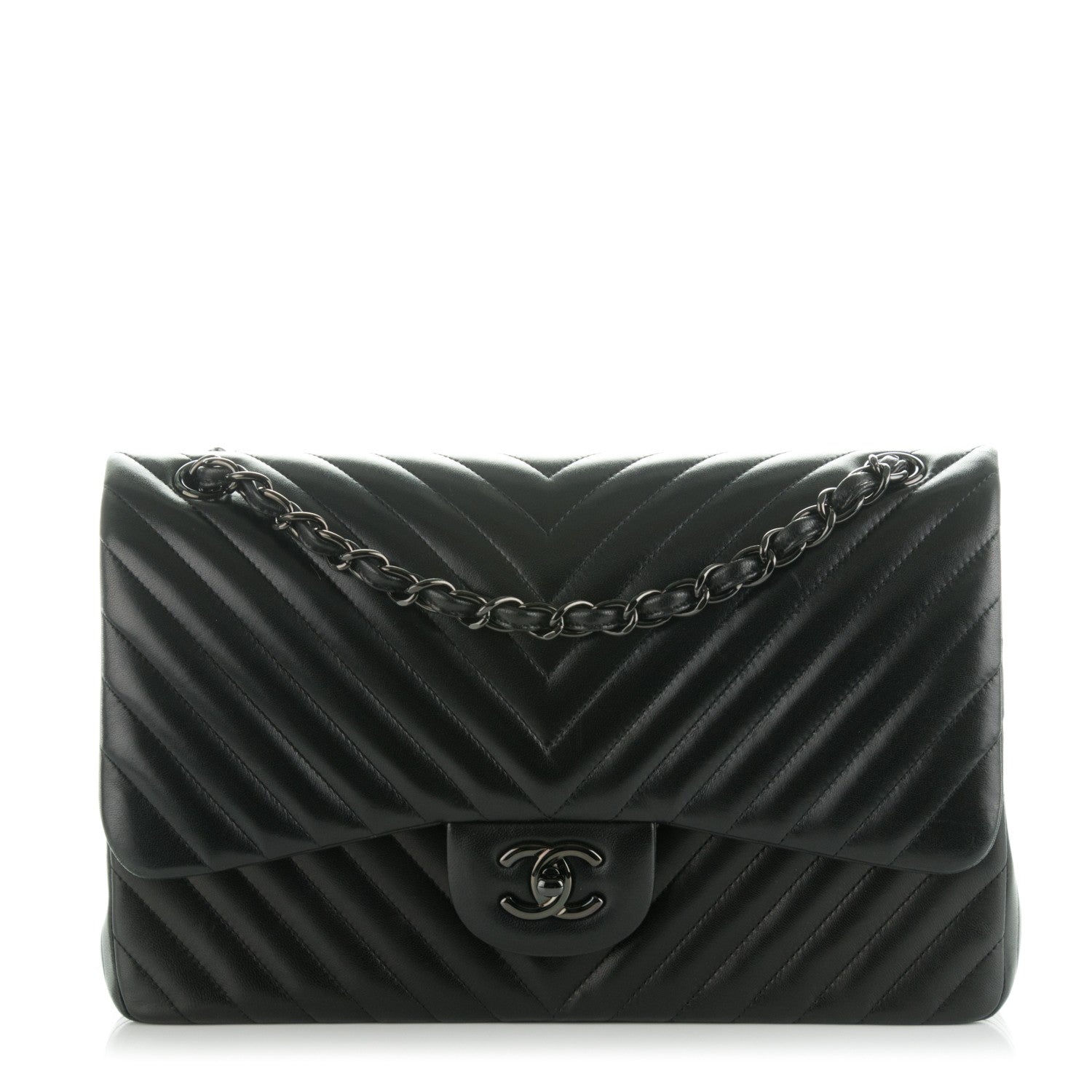 Chanel Lambskin Chevron Quilted Jumbo Double Flap So Black 1 of 8