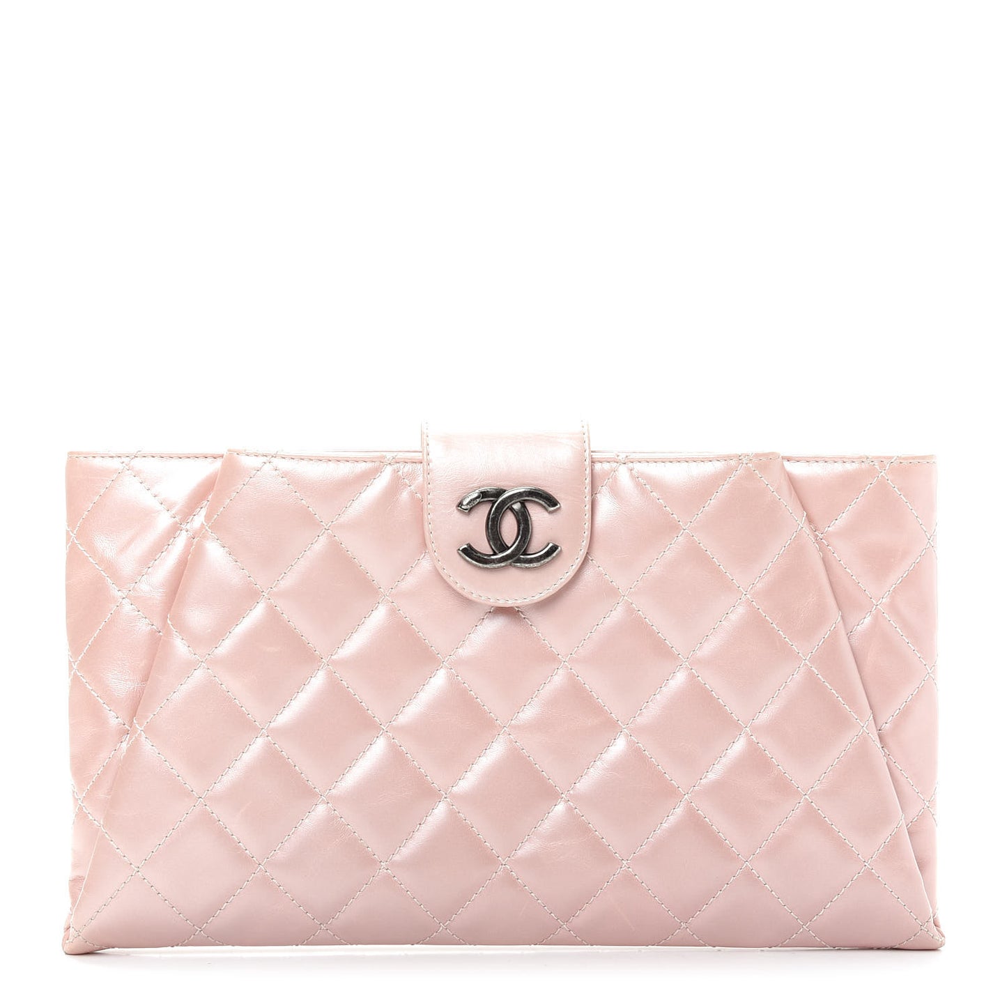 Glazed Calfskin Quilted Coco Pleats Clutch Light Pink