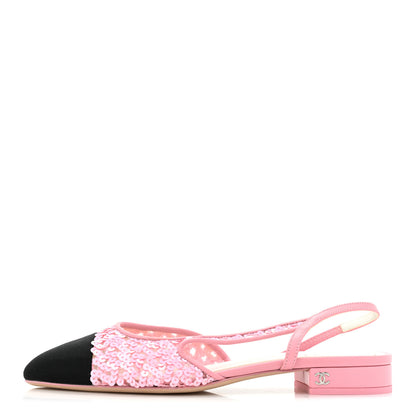 Chanel Sequins Satin Cap Toe CC Slingback Flat 38 Pink Black 1 of 9